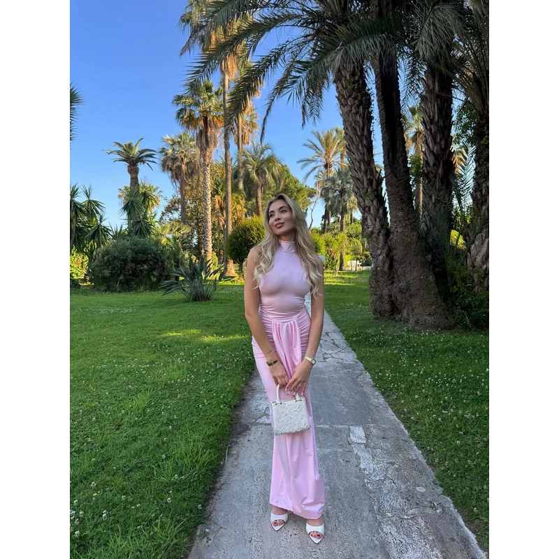 Gathered Waist Maxi Dress- Pink