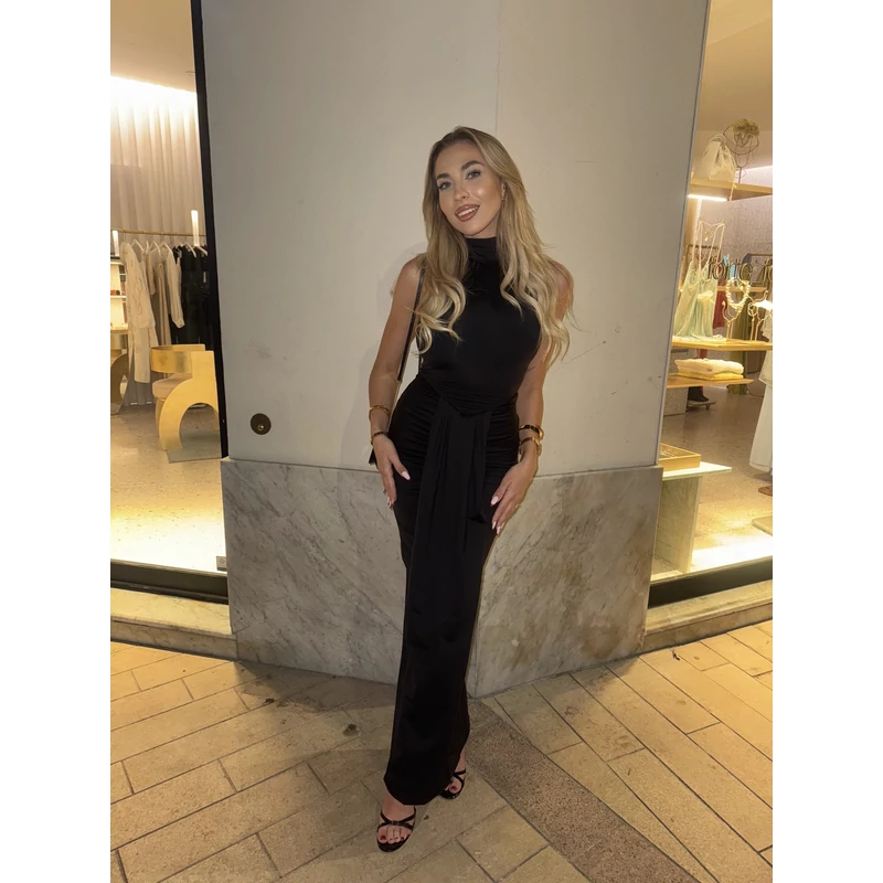 Gathered Waist Maxi Dress- Black