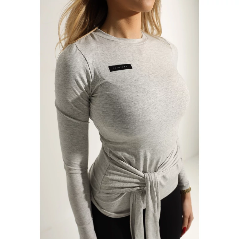 Signature Tie Long Sleeve Top- Grey