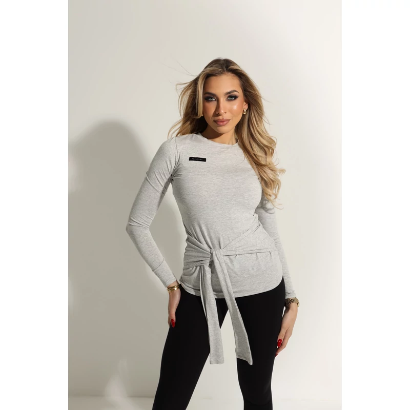 Signature Tie Long Sleeve Top- Grey